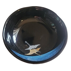 VTG Japanese Ceramic Bowl Black & Blue Glaze Hand Painted Cranes 6.5X2.5 Inch